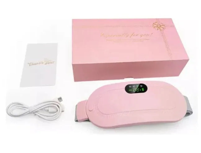 Cinturón masajeador rosa con pantalla digital, cable USB y caja elegante, ideal para bienestar y relax en SHOPIDOGO.