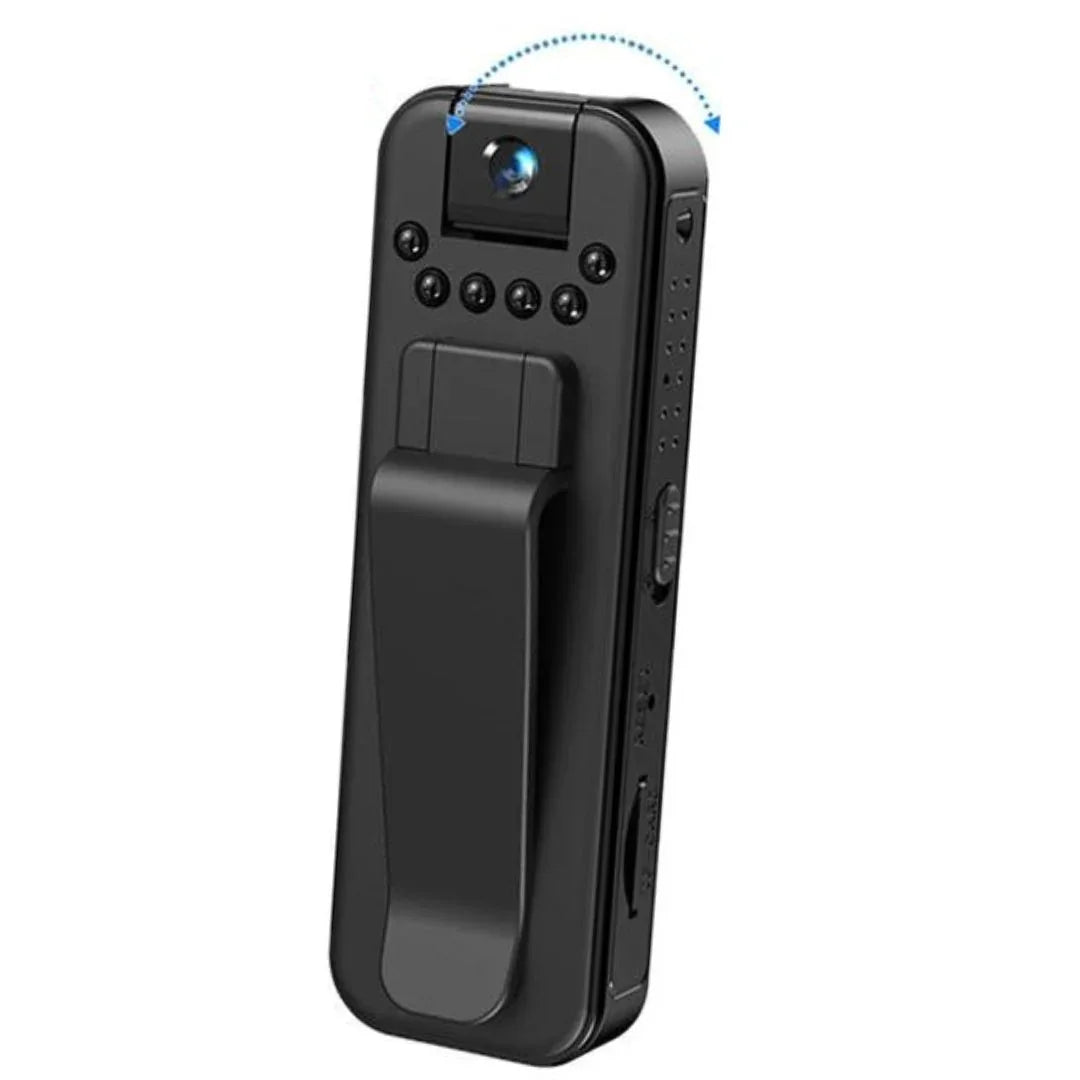 Cámara portátil negra con clip, diseño compacto y lente rotatoria, ideal para seguridad en SHOPIDOGO.