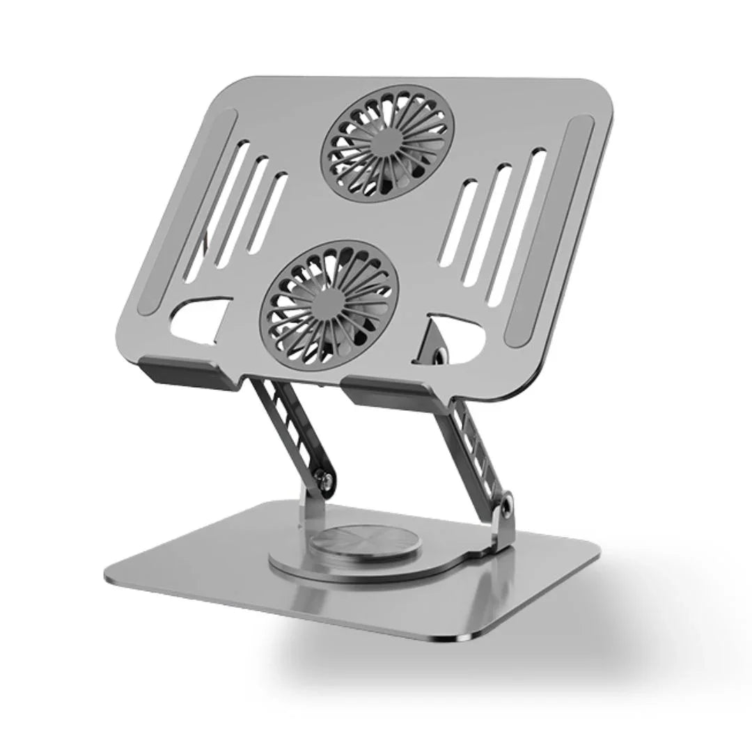 Soporte ajustable para laptop de aluminio con doble ventilador, ideal para oficinas modernas. SHOPIDOGO
